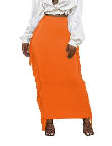 SEBOWEL Cotton Blend Sides Tassel Maxi Skirt Casual Bodycon Skirts Bottom