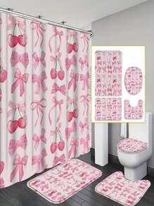 [1/4 pièces Ensemble salle de bain rêve] 1/4 pièces Ensemble de rideaux de douche rose cerisier délicat, tapis de toilette en U, housse de siège de toilette, ensemble de salle de bain décoratif, avec 12 crochets Rentrée scolaire
