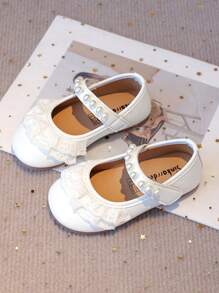 1Pair Of Girls Pearl And Lace Embellishments Faux Leather Material None Round Toe Low Top Hook And Loop Strap Flat Sole Sweet And Elegant Style Princess Shoes Parties, Weddings, Photo Shoots And Other Occasions Baby Flats