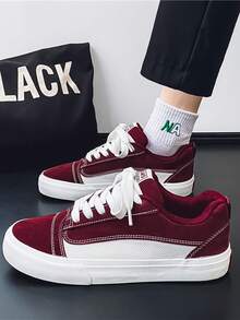 Men's Canvas Shoes, 4 Colors, Fashionable Solid Color Classic Round Toe Lace-Up Casual Shoes, Suitable For Teenagers, Students, Versatile, Shiny 3-Layer Vulcanized Soles, For Party, Outdoor, Travel, Streetwear, Comfortable Fabric, ,Gym - Burgundy - View 3