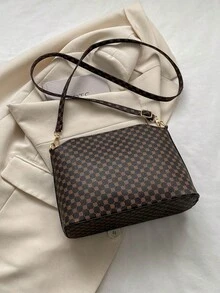 Vintage Contrast Color Stitching Decor Oblique Crossbody Bucket Handbag - Coffee - View 5