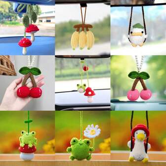 手工钩编青蛙/樱桃/鸭子/蘑菇后视镜挂件，女士汽车后视镜装饰品
