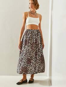 Spódnica balonowa damska z satyny taftowej w panterkę BIANCO LUCCI DE241023 - Brązowy - Zobacz 5