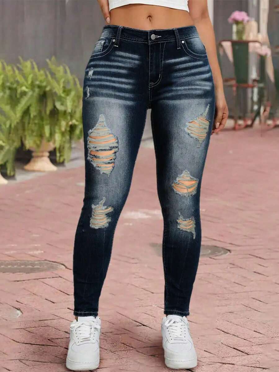 Women's Tight Jeans With Elastic Tearing Holes And Slanted Pockets, Casual Tight And Sexy Slim Fit Jeans - 深色水洗藍 - 查看 1