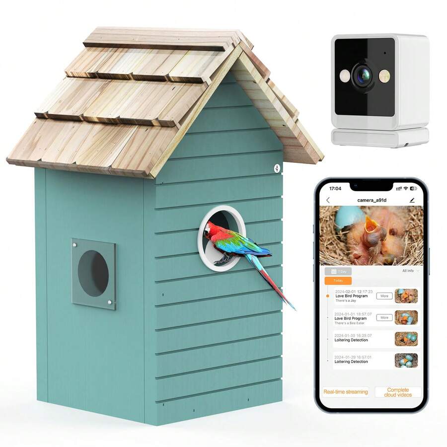 Birdhouse With 1080P HD Camera Smart Birdhouse With Nest Auto Capture - Blue - View 1
