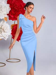 Elisanya One Shoulder Bowknot High Waist Pleated Open Back Tie-Up Ball Gown Party Dress