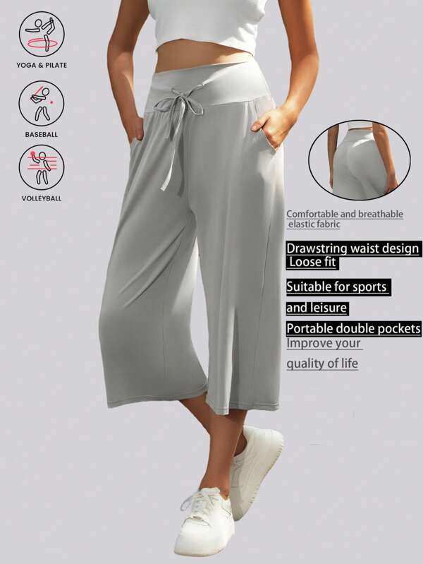1 pieza Pantalones de yoga de mujer de longitud 7/8, hechos de tela elástica y transpirable, cintura alta con cordón y diseño de bolsillos, adecuados para gimnasio, yoga, ropa casual, tenis, golf, ciclismo, senderismo, leggings ajustados para un estilo de vida activo