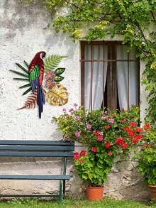 1PC Metal Parakeet And Tropical Leaves Wall Art, Vivid Colorful Bird Plaque, Versatile Flamingo Parrot Wall Hanging Decor For Home Bar Kitchen Coffee Shop