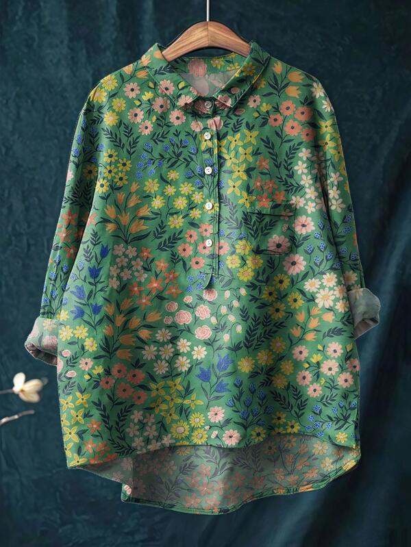 Women's Floral Print Woven Fabric Shirt Collar Casual Blouse Top, Suitable For Spring, Summer And Autumn Daily And Travel Outfits