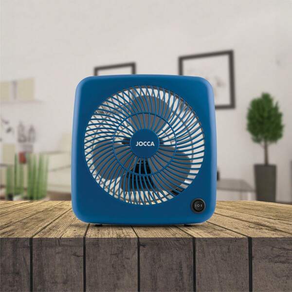 Jocca Ventilador pessoal compacto de mesa JOCCA de 18 cm, azul, com 2 velocidades, design portátil com alça, ideal para mesa ou escritório, fluxo de ar potente, silencioso, baixo consumo, pés antiderrapantes, 30 W, disponível em azul e preto