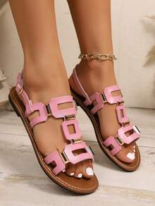 Dép đế bằng trang trí khóa vuông cho nữ, Dép đi biển mùa hè - Hồng - Xem 3