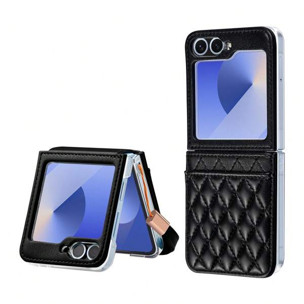 Custodia per telefono in pelle con fantasia argyle, con scomparto per carte di credito, tracolla e protezione compatibile con Samsung Z Flip 4/5/6