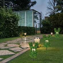 1 peça de topiaria verde esférica de plástico artificial de 21,6" em formato de coelho, planta falsa fofa em formato de coelho com laço de fita, decoração de jardim sem fio para ambientes internos/externos, enfeite de Natal