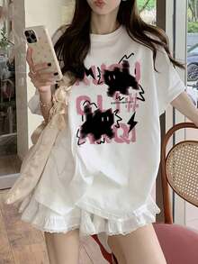 200g Pure Cotton T-Shirt 2025 Summer Ladies New Short Sleeve Pure Cotton Holiday Pattern Short Sleeve Round Neck Couple Wear Small Shirt Tops - 白色 - 查看 3