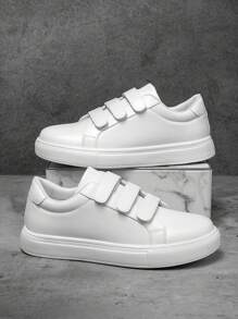 Men's Simple Style Solid Color PU Leather Patchwork Low-Top Casual Sneakers, Hook And Loop Design For Commuting, Versatile, Lightweight & Comfortable Couple Sports Shoes, Sneakers
