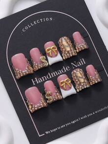 10Pcs/Set Short Duck Nail Tips, Handpainted French Bowknot Rhinestone Encrusted, Luxury Handmade Wear, Y2K Baddie Style, Suitable For Women & Girls Press On Nails Nail Supplies Nails - Champagne - View 3