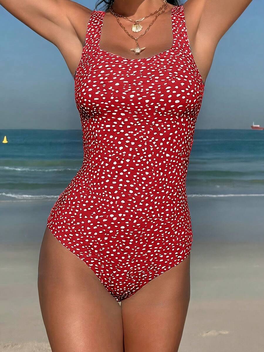 Women's Fashion Full Print Backless One-Piece Swimsuit, Suitable For Vacation - Red - View 1