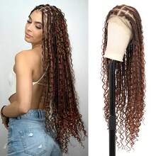 36英寸360°高清全蕾丝编织假发，女士波西米亚风编织假发，带婴儿发，盒式辫假发，手工钩编合成全蕾丝编织假发，发尾卷曲，日常佩戴 - 彩色 - 查看 8