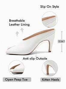 Women's Kitten Heels Mules Shoes – Open Peep Toe Slip-On Slide Sandals For Petite, Leg-Lengthening, Summer Work, Date & Christmas / New Year Gifts - 白色 - 查看 5