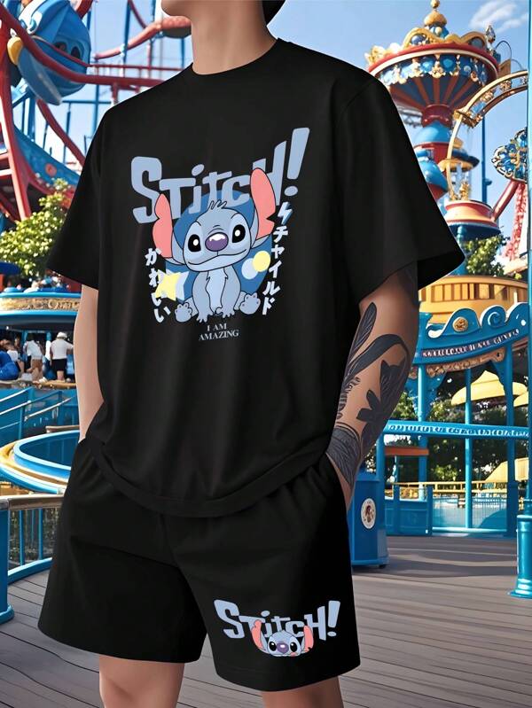Disney Disney Stitch Inspired 2pcs Set Men Summer White Round Neck T-Shirt And Black Shorts, Men Casual Loungewear & Sleepwear Set, Suitable For Commuting & Vacation