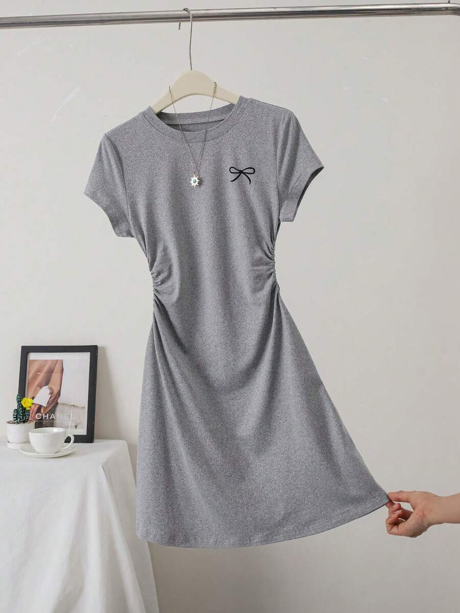 Women Casual Elegant Bow Detail Printed Ruffle Solid Color Short Sleeve Mini Dress - Grey - View 1