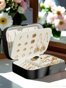 1pc Portable Travel Jewelry Storage Box, Waterproof PU Jewelry Organizer Box, Large Capacity Jewelry Display Case For Earrings, Necklaces, Rings, Watches, Bracelets, Lipsticks, Suitable For Travel, Holiday, Beach, Gift For Couple, Wife, Girlfriend, Mother, Birthday, Valentine's Day, Christmas For Women Storage Organizer Travel Essentials Back To School Dormitory Storage
