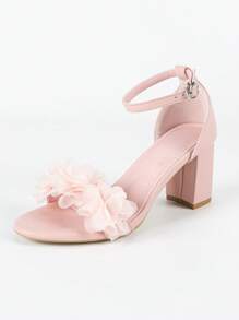 Sandalias de tacón grueso con correa y puntera cuadrada con decoración floral 3D en rosa, estilo dulce y elegante para boda, fiesta, primavera y verano