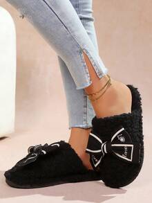 shensongni Women's Bow, Letter & Rhinestone Decor Plush Slippers, Indoor Home Slippers, Resort Style, Fashion Hotel Slippers, Women's Flat Slip-On House Slippers, Black Slippers - Black - View 5