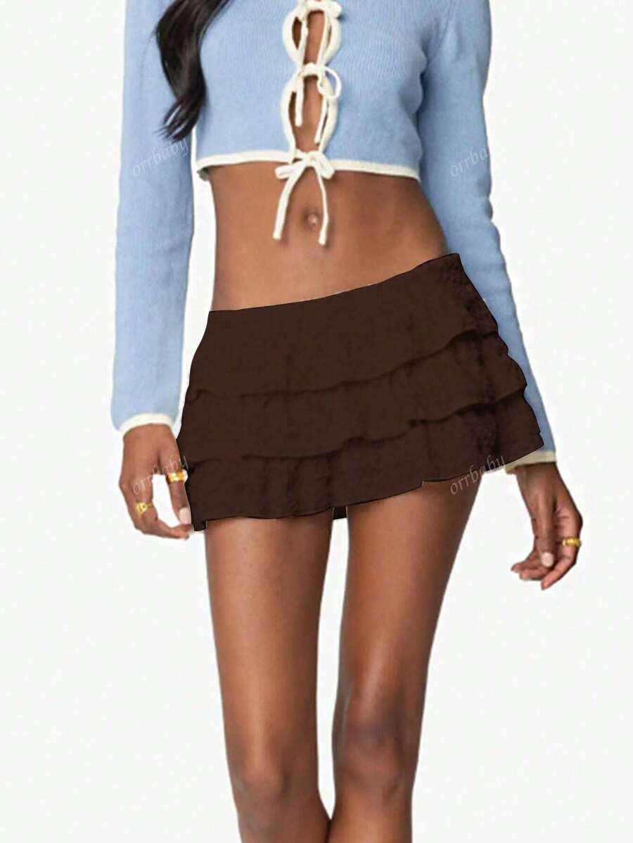 Falda mini corta con volantes en el bajo de unicolor para mujer