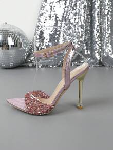 High Heels Fashionable Pointed Toe Metal Rhinestone Decor Sandals - Pink - View 3