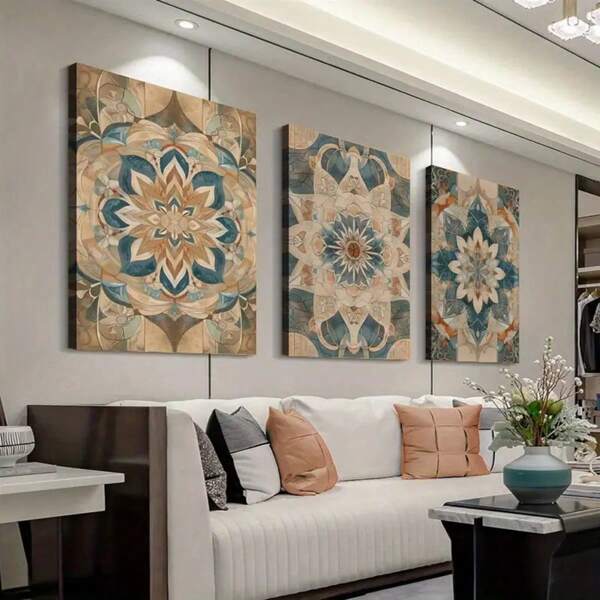 3 pièces/set Art mural sur canevas Mandala Bohème, Impressions encadrées imperméables pour la décoration de la maison et de la chambre d'étudiant, Décoration d'artiste pour la maison | Décoration Bohème Chic | Technologie d'impression à jet d'encre, Décoration murale Mandala, Sans cadre !