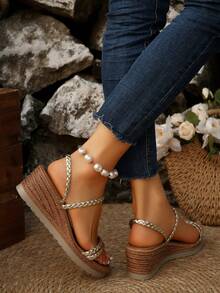 Plus Size Women Woven Comfortable Platform Wedge Waterproof Sandals, Summer