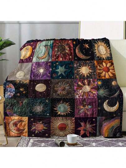 1 Piece Of Vintage Sun And Moon Printed Flannel Blanket - Comfortable Blue And White Flannel Blanket With Digital Printing, Machine Washable, Perfect For Travel, Sofas, Beds, Offices, And Home Decor - Ideal Birthday And Holiday Gifts For Boys, Girls, And Adults