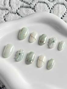 10 Pcs Handmade Press On Nails Short,Light Green High-Grade Gradient,Metal Line Decoration, Water Droplet 3D Flowers,Diamond Embellishment,And Elegant, Short Oval Shape Nails,Reusable, Detachable Nails Come With A Tool Kit, Suitable Girls Who Love Beauty To Wear Daily And As A Holiday Gift. Nail Supplies - Mint Green - View 3
