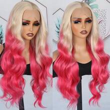 13x4 Free Part HD Lace Front Wig Ombre Purple Color Long Body Wave Synthetic Hair 180% Density Pre-Plucked Glueless Purple Ombre Colored Long Wavy Hair 26 Inch Free Part Soft Natural Look For Women Versatile Styling Options - 漸層粉紅色 - 查看 4