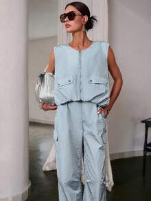 Sollinarry 女士夏季无袖拉链上衣和阔腿裤两件套，时尚宽松版型，适合办公室、度假、音乐节等场合。 - 灰藍色 - 查看 4