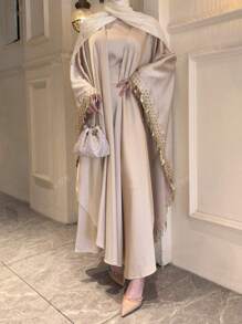 Conjunto de 2 piezas: Elegante cárdigan abierto con flecos tipo jalabeya y vestido recto de cuello redondo, traje de lujo para fiesta/graduación/boda