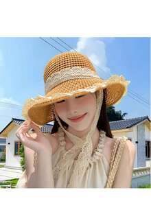 1 件女士宽边草帽，透气蕾丝镂空沙滩遮阳帽，夏季 - 彩色 - 查看 2