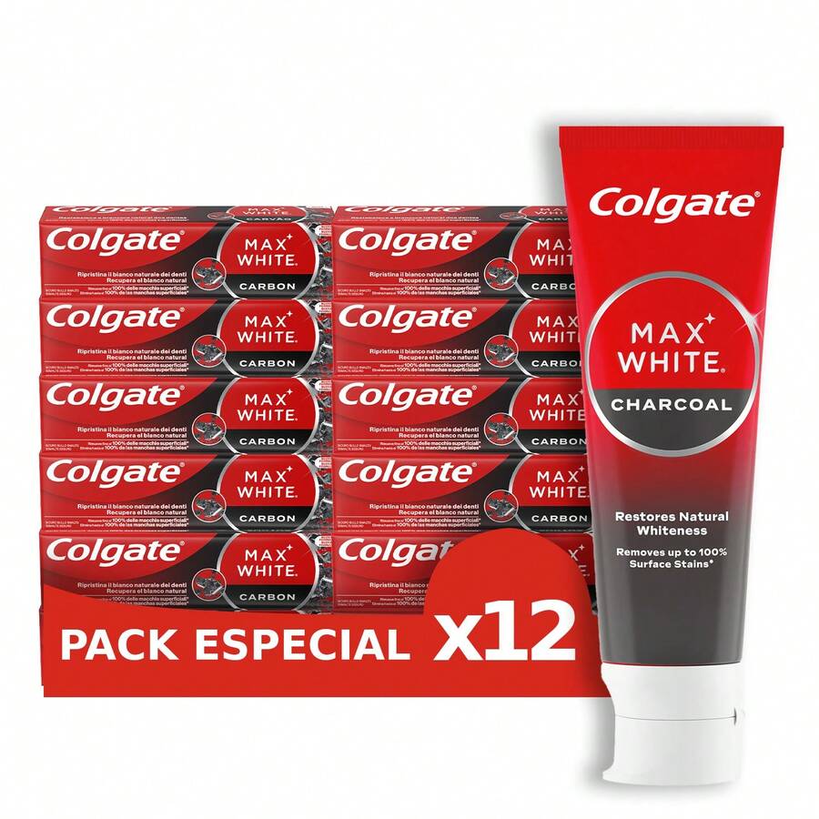 colgate Max White Pasta de dientes Carbón Activado (Entrega en 48 horas), Pasta dental que recupera el blanco natural, elimina manchas superficiales, fórmula con micro partículas de carbón y minerales que pule suavemente las manchas, sonrisa blanca y natural, esmalte fuerte y encías sanas - Carbón - Ver 1