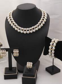 5 Peças/Conjunto Conjunto de Joias Elegantes e da Moda Folheado a Ouro (Falso) Conjunto de Brincos e Colar de Pérolas para Mulheres Casamento e Festa