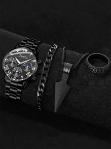 Ensemble de 4 montres à quartz pour homme, bracelet noir, à la mode et simple, cadran à trois yeux, chiffres romains, bracelet, collier, bague, idéal pour un usage quotidien, une décoration ou comme cadeau de vacances.