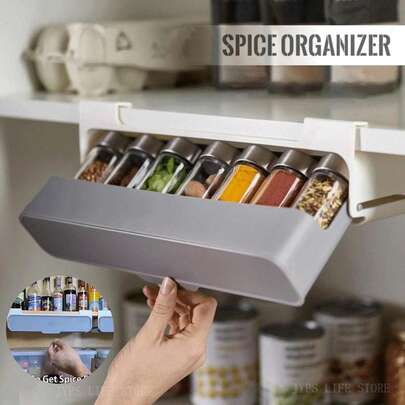 Kitchen Spice Rack Self-Adhesive Wall-Mounted Under-Shelf Seasoning  Storage Rack Spice Organizer Kitchen Storage Rack
