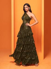 Women's Corset Fishbone Handmade 3D Flower Embroidered Sequin Slanted Shoulder Slit A Line Sexy Dress Adjustable Back Strap Suitable For Different Body ,Elegant Luxurious Long Dress For Women, Making Women Younger And More Charming, Suitable For Various Parties, Graduations, Weddings, Events And Various Banquets Dancing Parties, Formal Ball Gown Party Dress, Wedding Guest Dress ,Evening Dress(Deluxe Edition) - 橄欖綠 - 查看 4