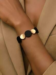 1pc Middle Eastern Fashion Geometric Circle Metal Style Black Elastic String Bracelet/Bangle, Suitable For Women Daily Wear And Party