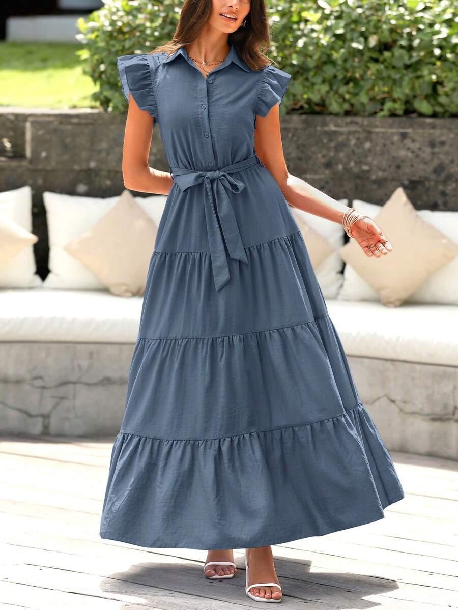 Women Summer Dress Casual Cap Ruffle Sleeve V Neck Button Down Belted High Waist Tiered A-Line Boho Maxi Dress With Pockets Boho Beach Holiday Wedding Guest Valentine - 灰藍色 - 查看 1
