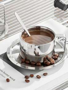 1set/2set Coffee Cup Saucer Set Retro Stainless Steel Coffee Cup Exquisite Posing Vlog Afternoon Tea Cup - 銀色 - 查看 11