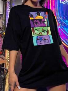 Camiseta de Dandadan para mujer: Diseño de ojos de Aira Shiratori y Momo, anime y manga - Negro - Ver 2