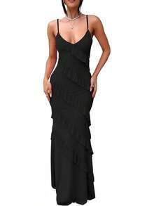 Women's Backless Bodycon Spaghetti Strap Elegant Ruffle Maxi Cocktail Party Dresses, 2025 QMO3 - Black - View 1