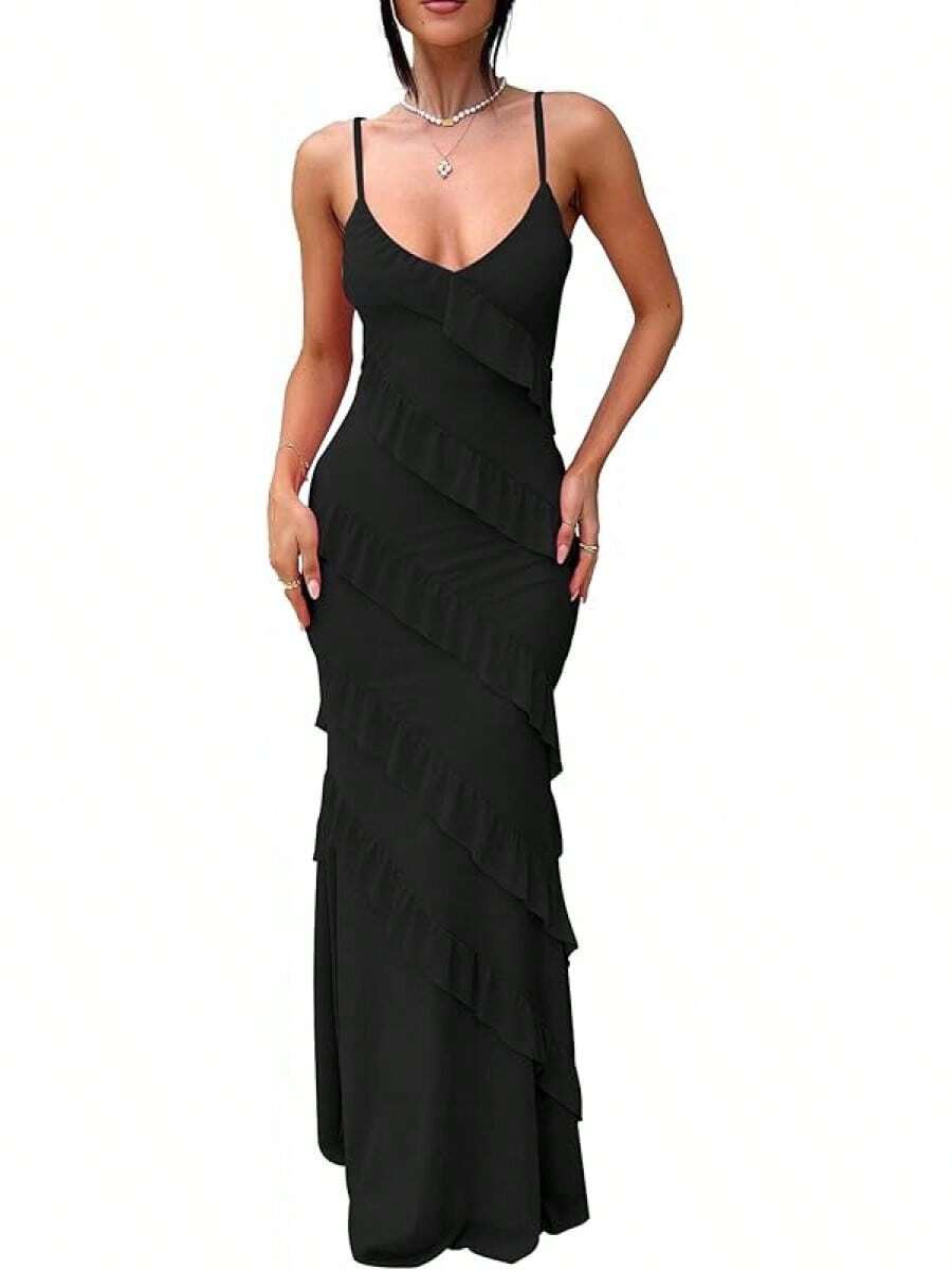 Women's Backless Bodycon Spaghetti Strap Elegant Ruffle Maxi Cocktail Party Dresses, 2025 QMO3 - Black - View 1