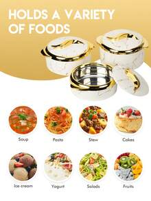 Meoky 3pcs, Golden Touch Food Warmer, Thermal Casserole Dish Set With Lids, Insulated Stainless Steel Container For Hot & Cold Food, Serving Bowl For Buffets, Hot Pot Sets Food Warmer, Hot Pot Food Warmer Set, Tableware Casseroles Set, For Office